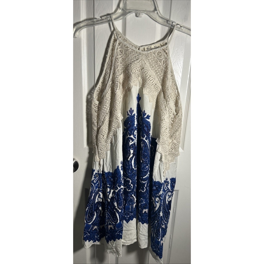 Indigo Rose Beige Blue Paisley Crochet Lace Dress Boho Festival Peasant Size M